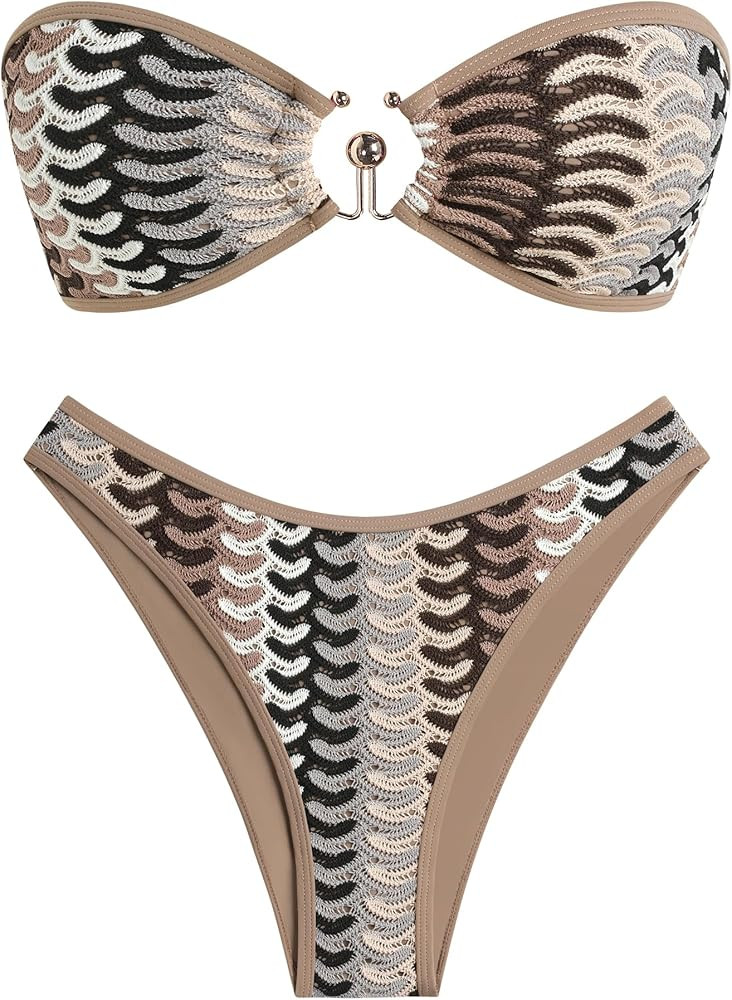 ZAFUL Womens Bandeau Bikini Set Metallic Sparkly O Ring Lace Up Tie Side High Cut Tanga Sexy Bath... | Amazon (US)