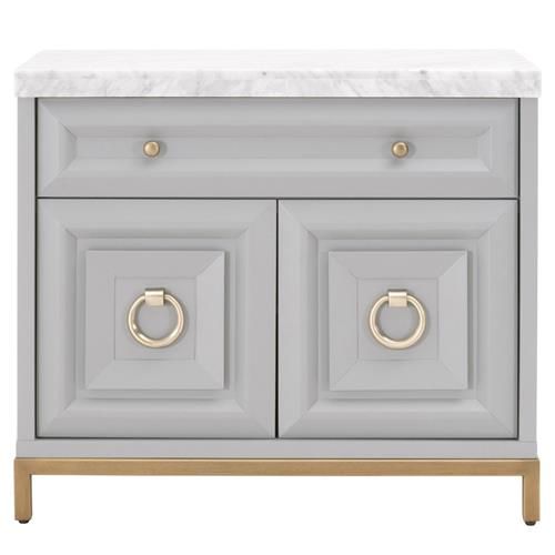 Avril French Country White Marble Top Dove Grey Acacia Wood Media Cabinet | Kathy Kuo Home