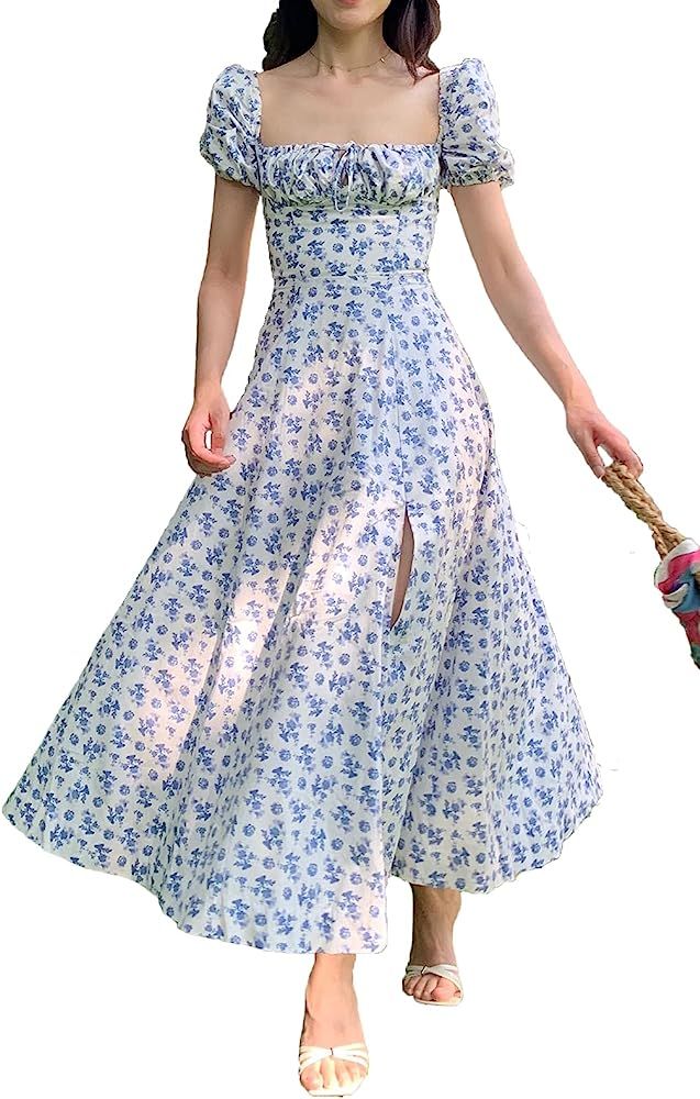 Women's Puff Sleeve Floral Maxi Dress Square Neck Cottagecore Dress Boho Backless Beach Party Lon... | Amazon (US)