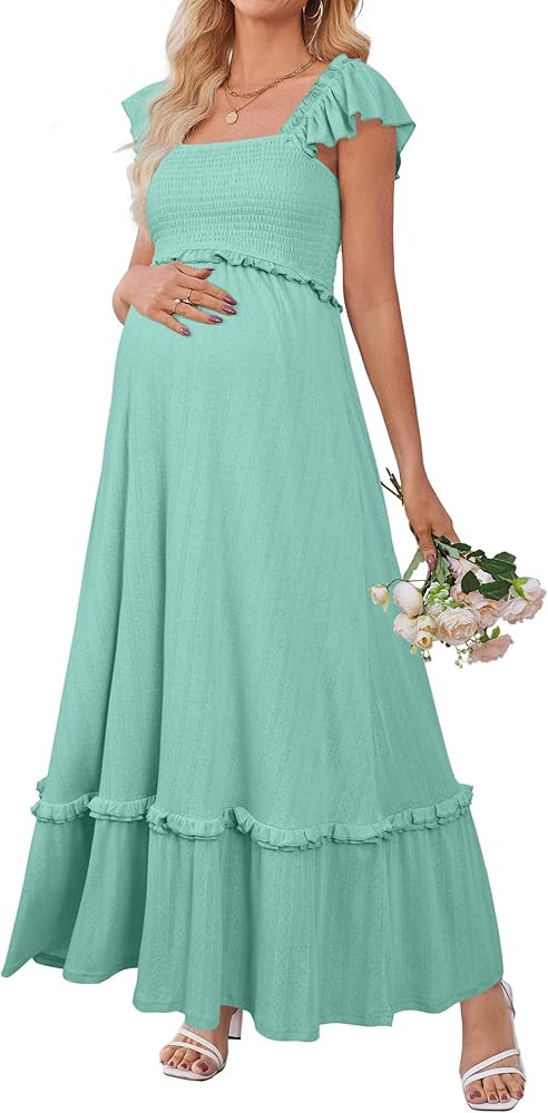 OUGES Womens 2026 Summer Maternity Photoshoot Dress Boho Maxi Smocked Baby Shower Dress Ruffle Sl... | Amazon (US)