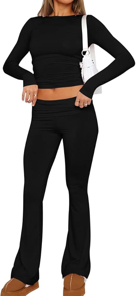 GRMLRPT Women 2 Piece Lounge Sets Fold-Over Flare Leggings Pants Matching Slim Fit Long Sleeve Cr... | Amazon (CA)