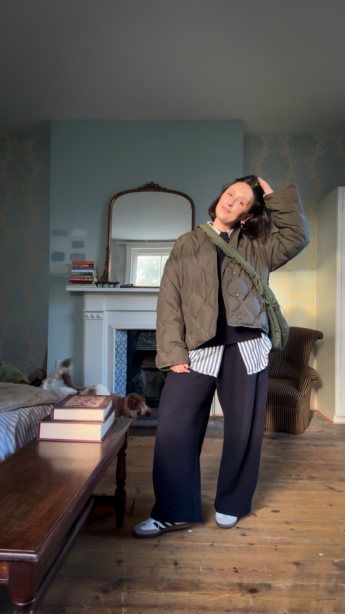 Midsize over 40 winter outfit 

Barrel leg navy trousers 
Striped shirt
Navy jumper 
Quilted khaki jacket 

#LTKmidsize #LTKuk #LTKwinter