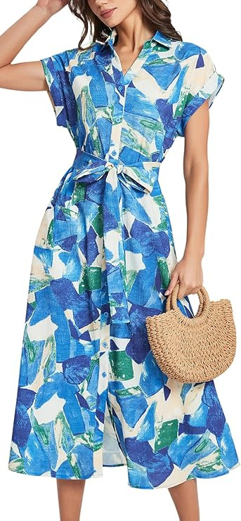 Ladyful Womens Belted Shirt Dress Cap Sleeve Button Down Midi Dress Casual Flowy Summer Print A-L... | Amazon (US)