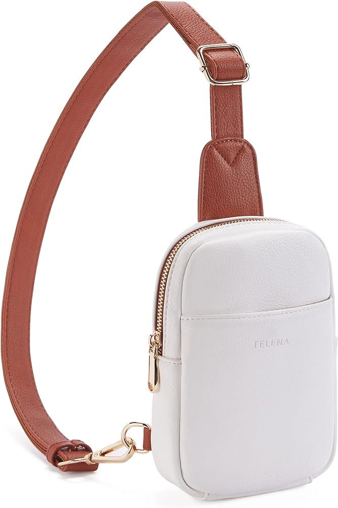 Telena Small Sling Bag for Women Leather Crossbody Fanny Packs Chest Bag for Women Beige Brown | Amazon (US)