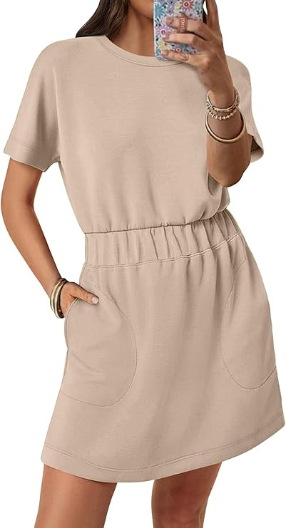 ANRABESS Womens Dresses 2026 Summer Casual Short Sleeve Crew Neck Elastic Waist Mini T Shirt Dres... | Amazon (US)