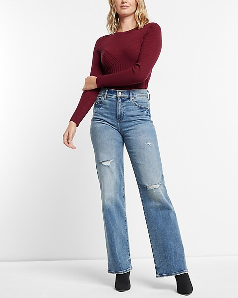 Ribbed Crew Neck Long Sleeve Sweater | Express