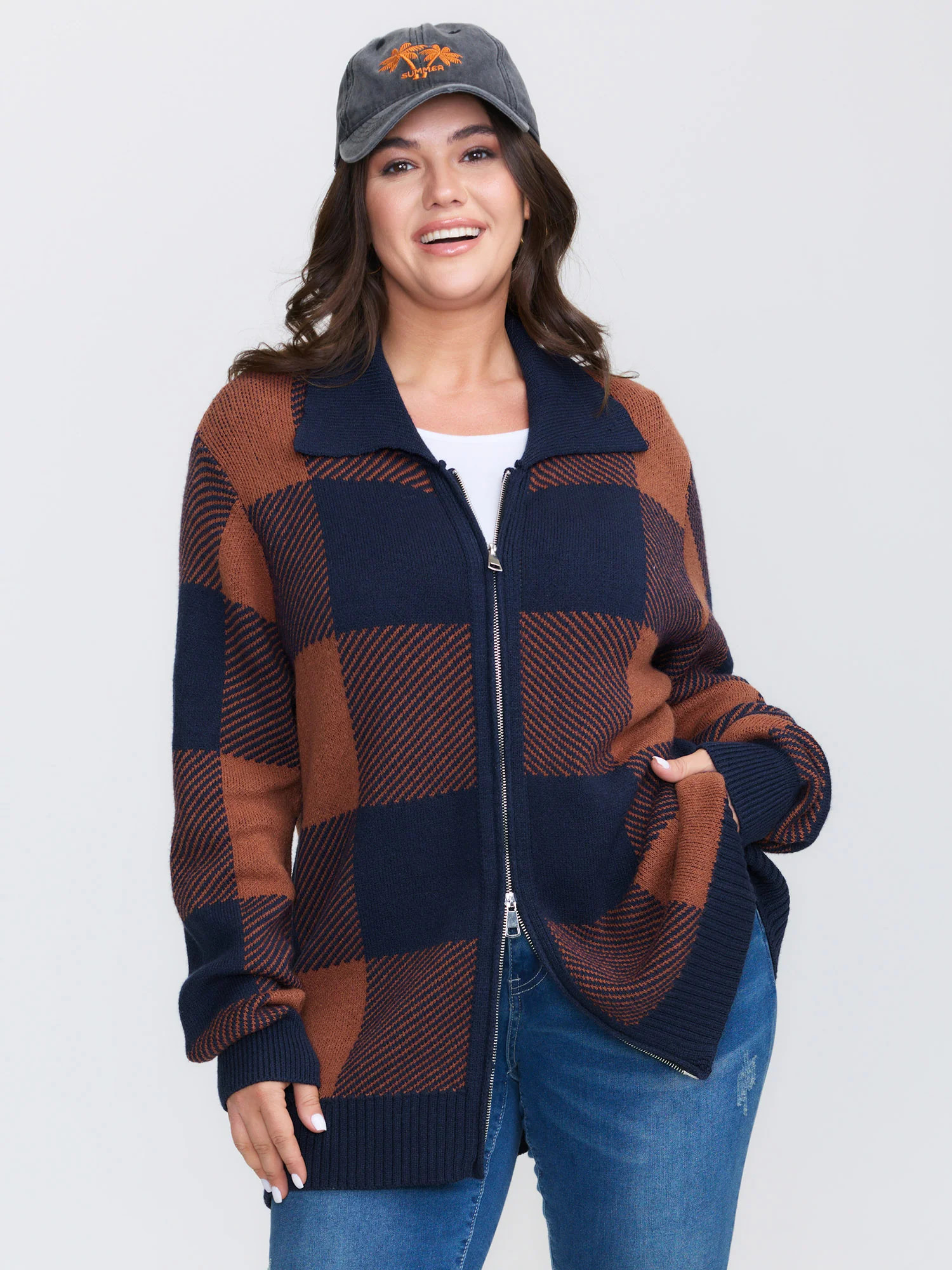 Supersoft Checkered Pattern Zip Knit Cardigan | Bloomchic