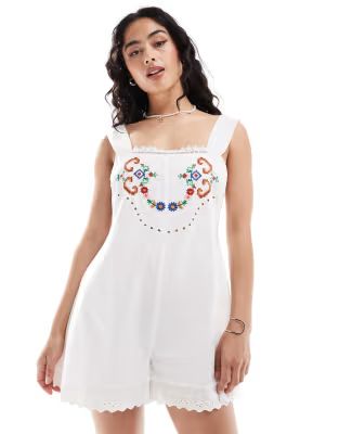 ASOS DESIGN picnic playsuit with embroidery in white | ASOS | ASOS (Global)