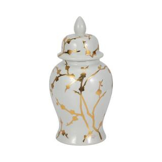 Liv & Skye 14 in. White and Gold Ceramic Cherry Blossom Temple Jar 20152 - The Home Depot | The Home Depot