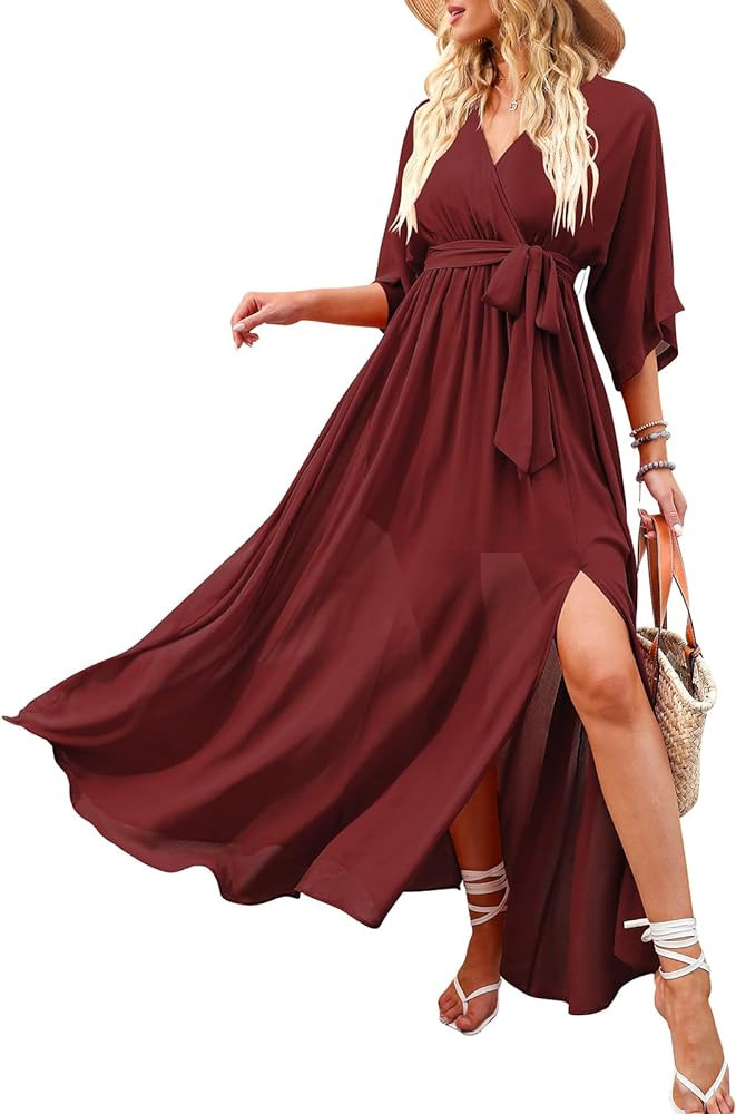 ANRABESS Womens 1/2 Sleeve Beach Wedding Guest Maxi Dresses 2026 Summer Wrap V Neck Boho Floral F... | Amazon (US)