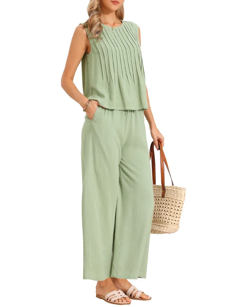 INSPIRE CHIC Women's 2 Piece Linen Outfit Sleeveless Crop Top and Wide Leg Pants Casual Summer Se... | Walmart (US)