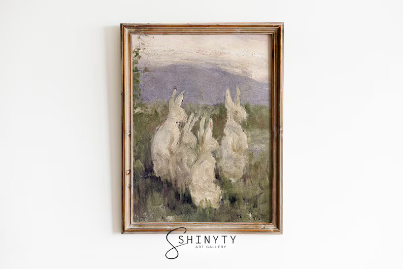 Spring Bunnies Painting, Vintage Rabbits in a Meadow Print, Easter Wall Décor, Printable Animal ... | Etsy (US)