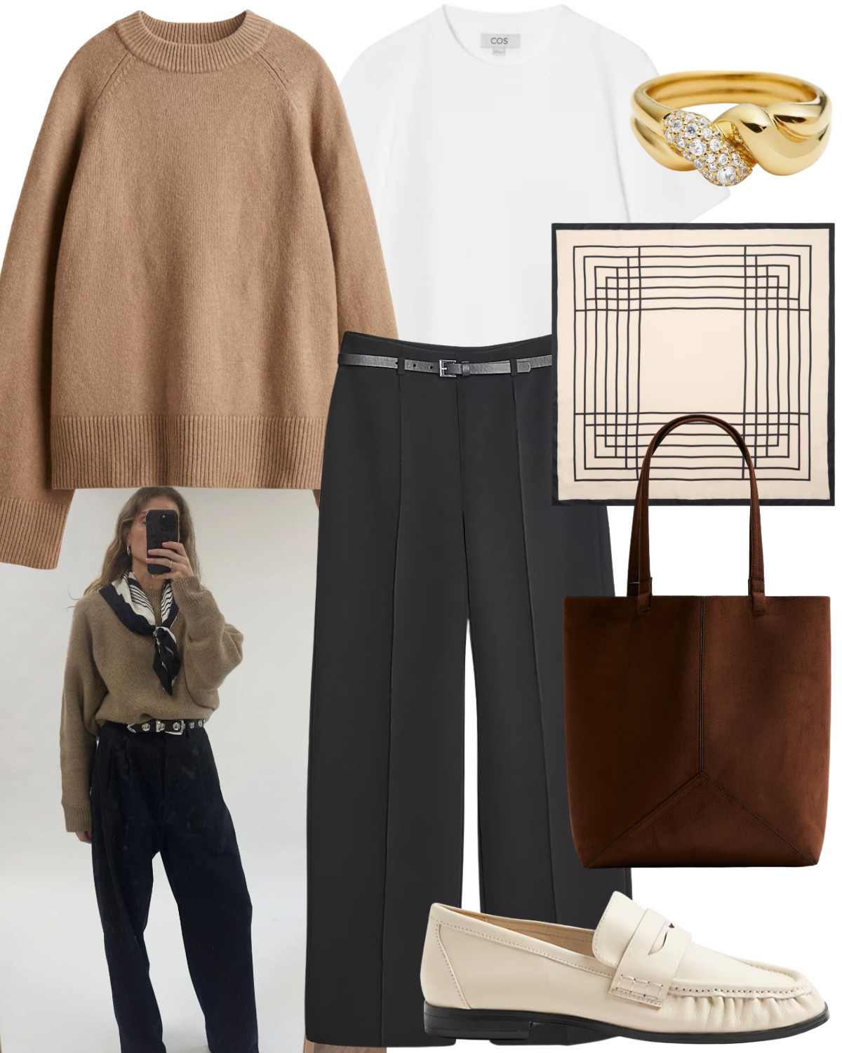 The perfect look for work or the weekend! 

Brown soft knit jumper, white t-shirt, black tailored trousers, silk scarf, diamond gold ring, brown suede bag, white loafers  

#LTKstyletip #LTKuk #LTKautumn