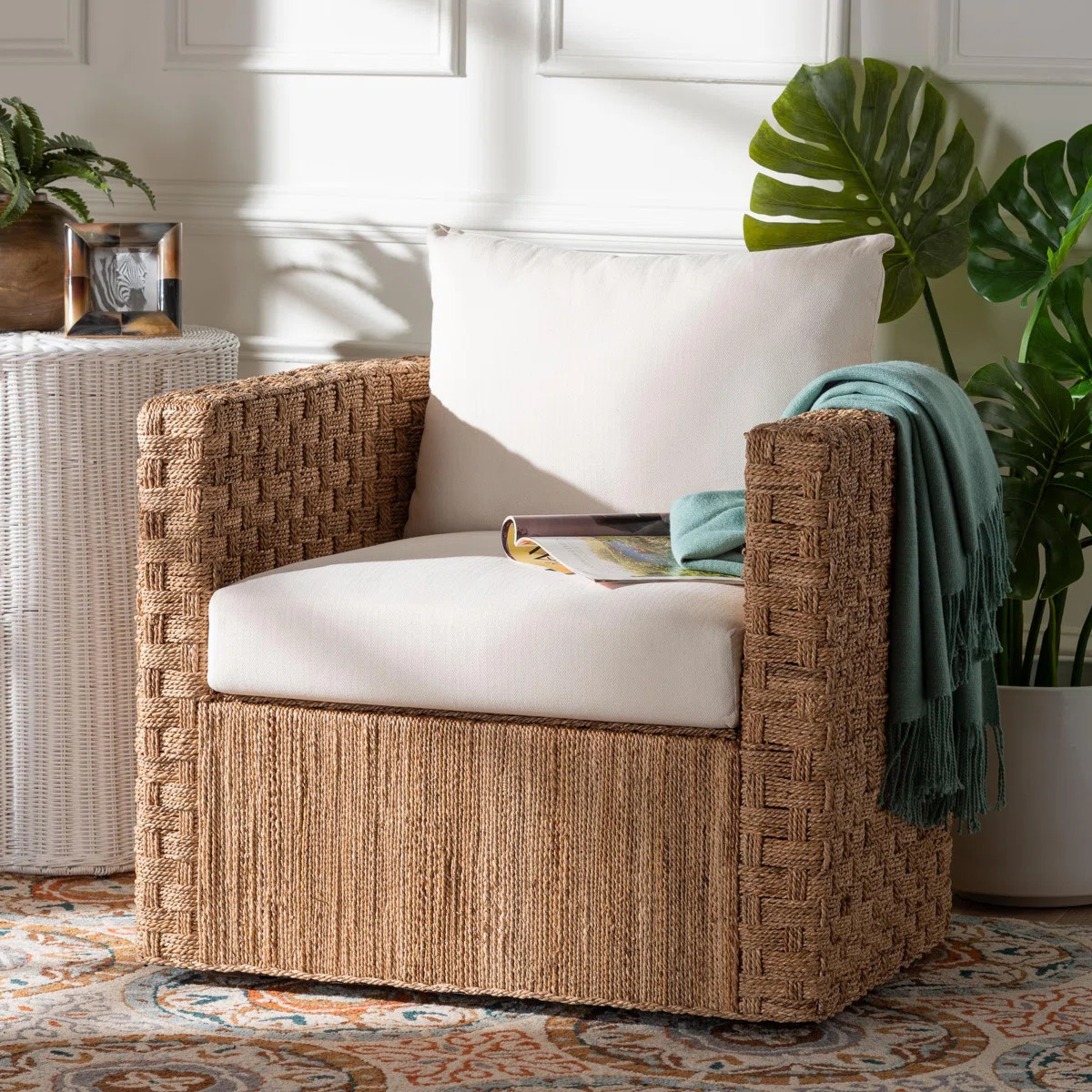 Bali & Pari Rhinos Bohemian Light Brown Seagrass Tuxedo Arm Chair | Wayfair North America