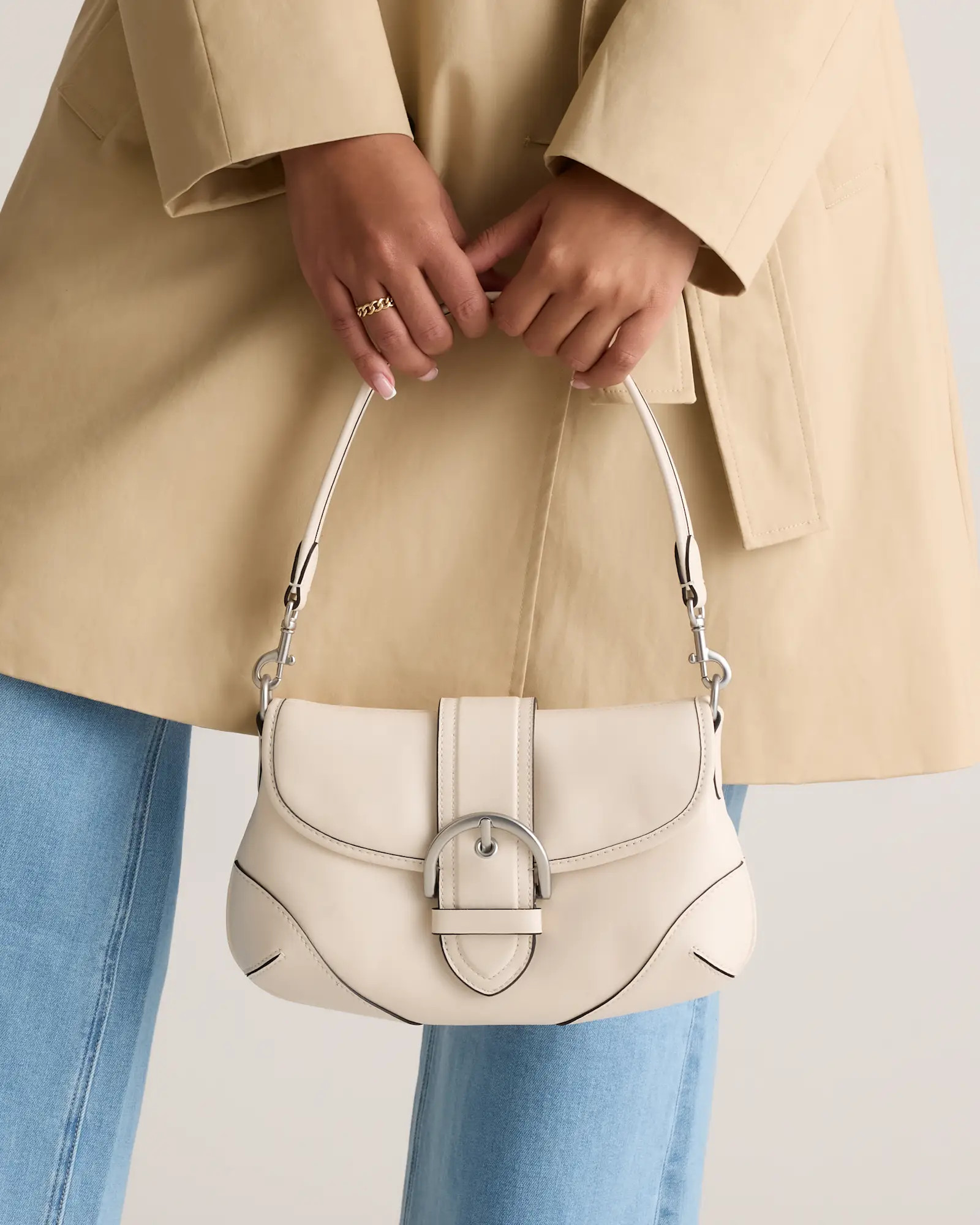 Italian Leather Buckle Detail Shoulder Bag in Bone | Quince