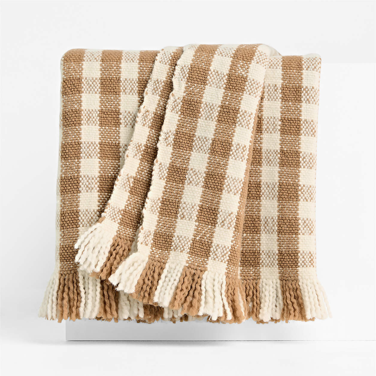 Heirloom 70"x55" Merino Wool Checkered Camel Tan Throw Blanket | Crate & Barrel | Crate & Barrel