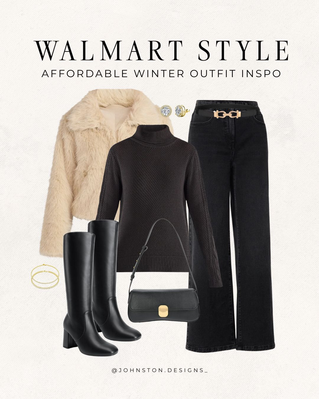 Affordable winter outfit inspo all from Walmart! Chic winter style, black jeans, turtleneck, faux fur jacket, winter vacation outfit, date night, styled look, black boots, Walmart fashion finds. 

 #LTKootd #LTKSeasonal #LTKFindsUnder50
