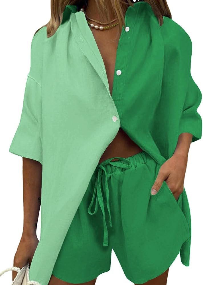 Fixmatti Women 2 Piece Outfits Long Sleeve Button Down Blouse and Shorts Sweatsuit Sets | Amazon (US)