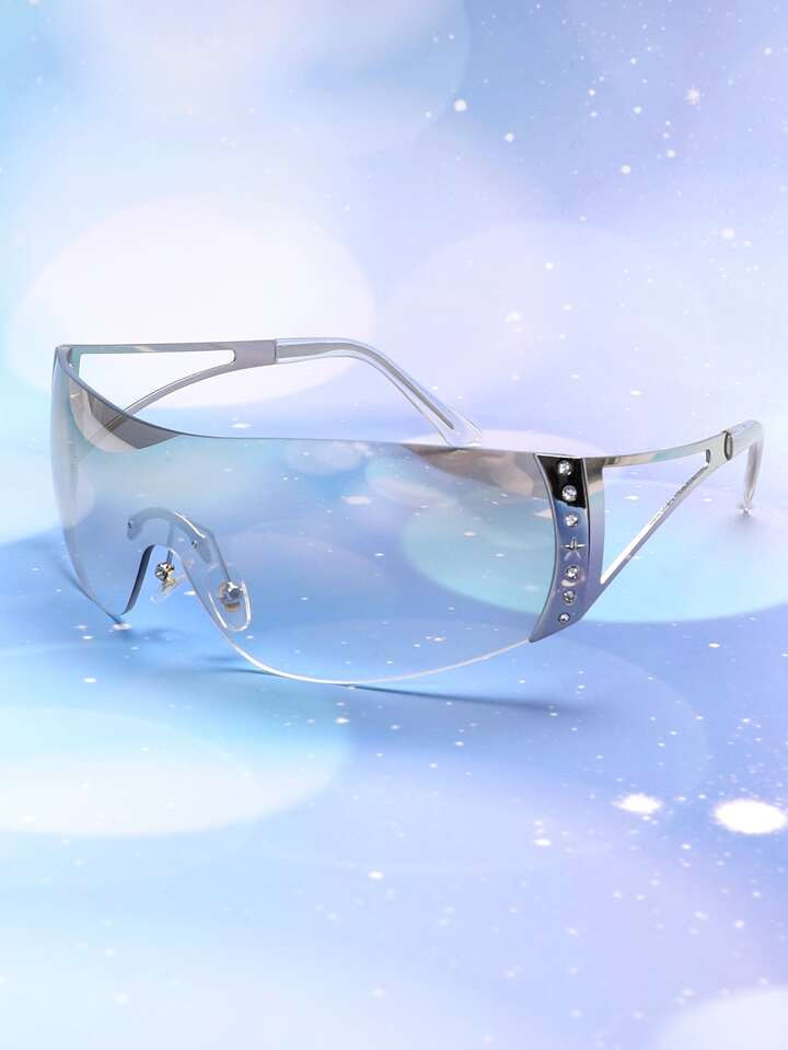 1pair Rhinestone Decor Full Wrap-Around Rimless Sunglasses Travel Accessories | SHEIN