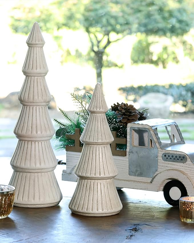 WONDROUS' DECO Wooden Christmas Tree Figurine, Tabletop White Tree Figurine, Set of 2 Desk Center... | Amazon (US)