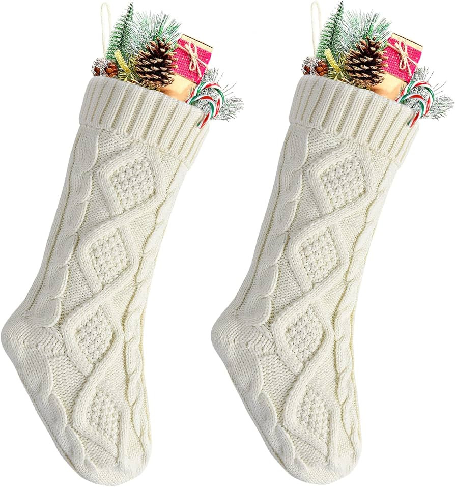Kunyida Pack 2,18" Unique Ivory White Knit Christmas Stockings Style2 | Amazon (US)