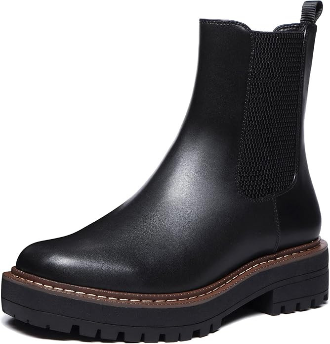 Amazon.com | Athlefit Women's Chelsea Ankle Boots Platform Slip On Chunky Heel Lug Sole Leather B... | Amazon (US)