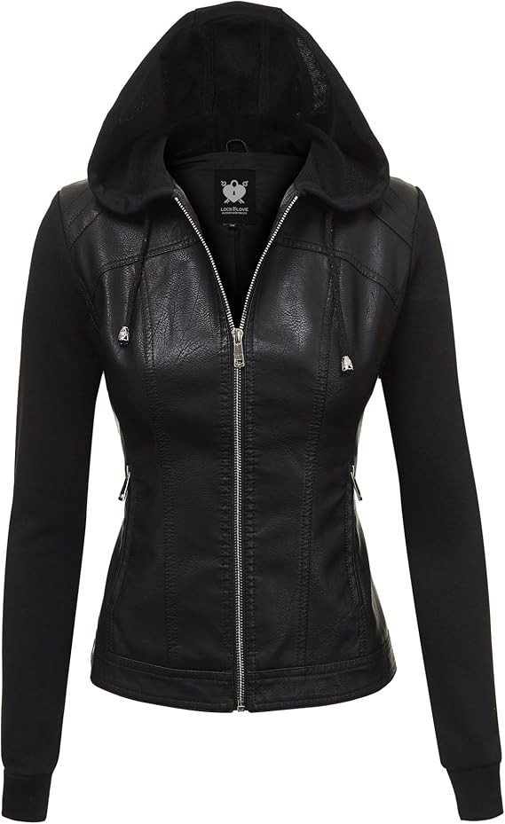 Lock and Love Women's Removable Hooded Faux Leather Jacket Moto Biker Coat | Amazon (US)