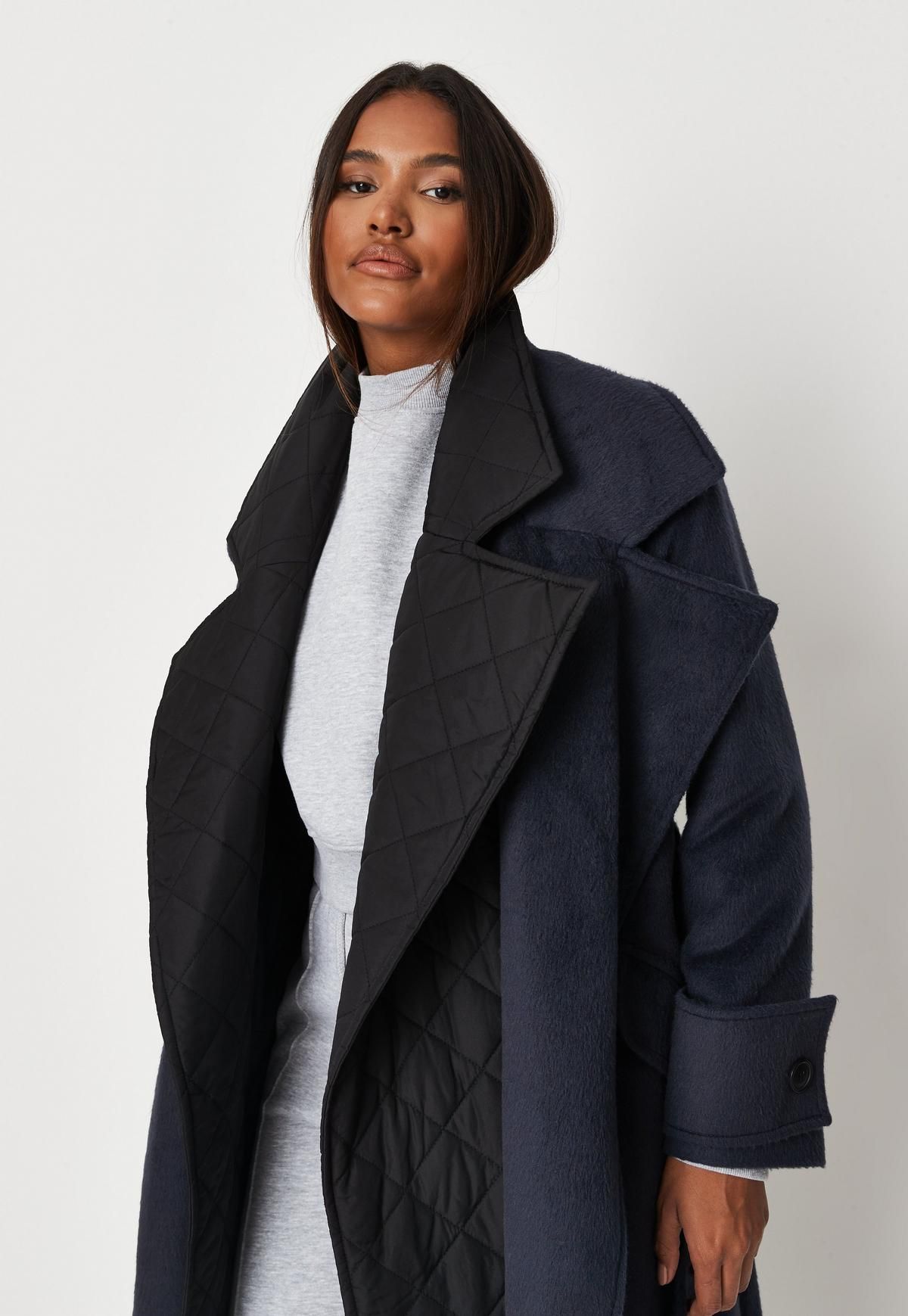 Navy Quilt Lining Detail Belted Oversized Trench Coat | Missguided (UK & IE)