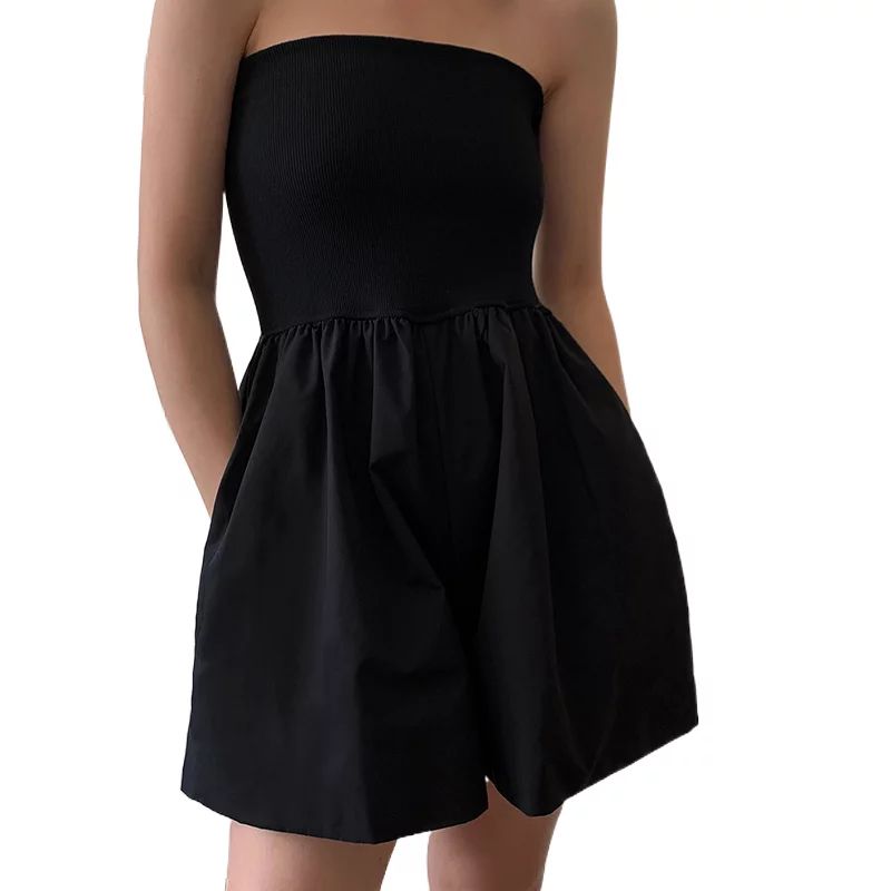 Women Casual Strapless Short Romper Wide-leg Solid Color Tube Top Overalls Siamese Culottes | Walmart (US)
