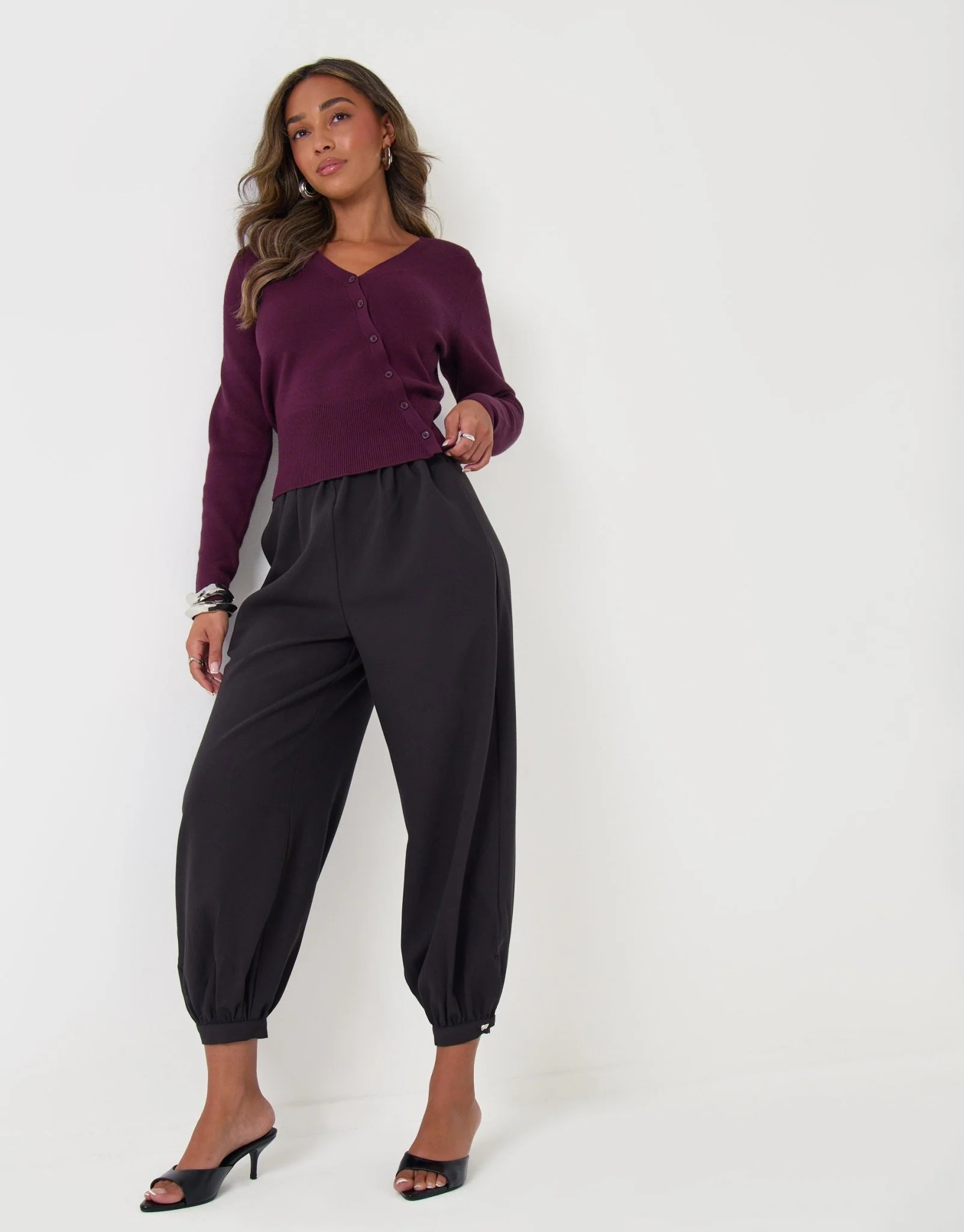 Balloon Trousers with Button Cuffs in Dark Grey | Threadbare UK