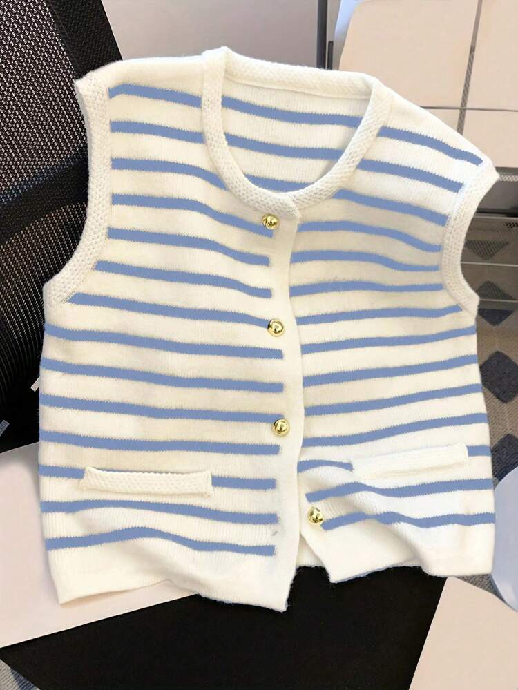 Sleeveless stripped waistcoat versatile rejuvenating layered metal button knit cardigan vest | SHEIN