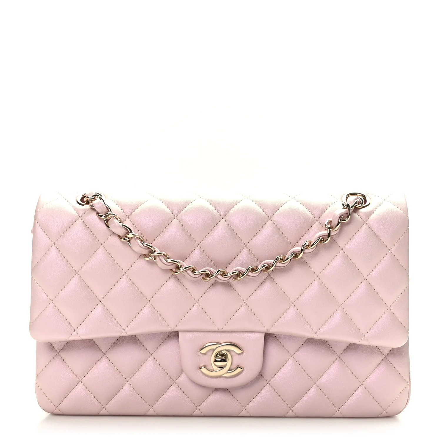 Iridescent Calfskin Quilted Medium Double Flap Light Pink | FASHIONPHILE (US)