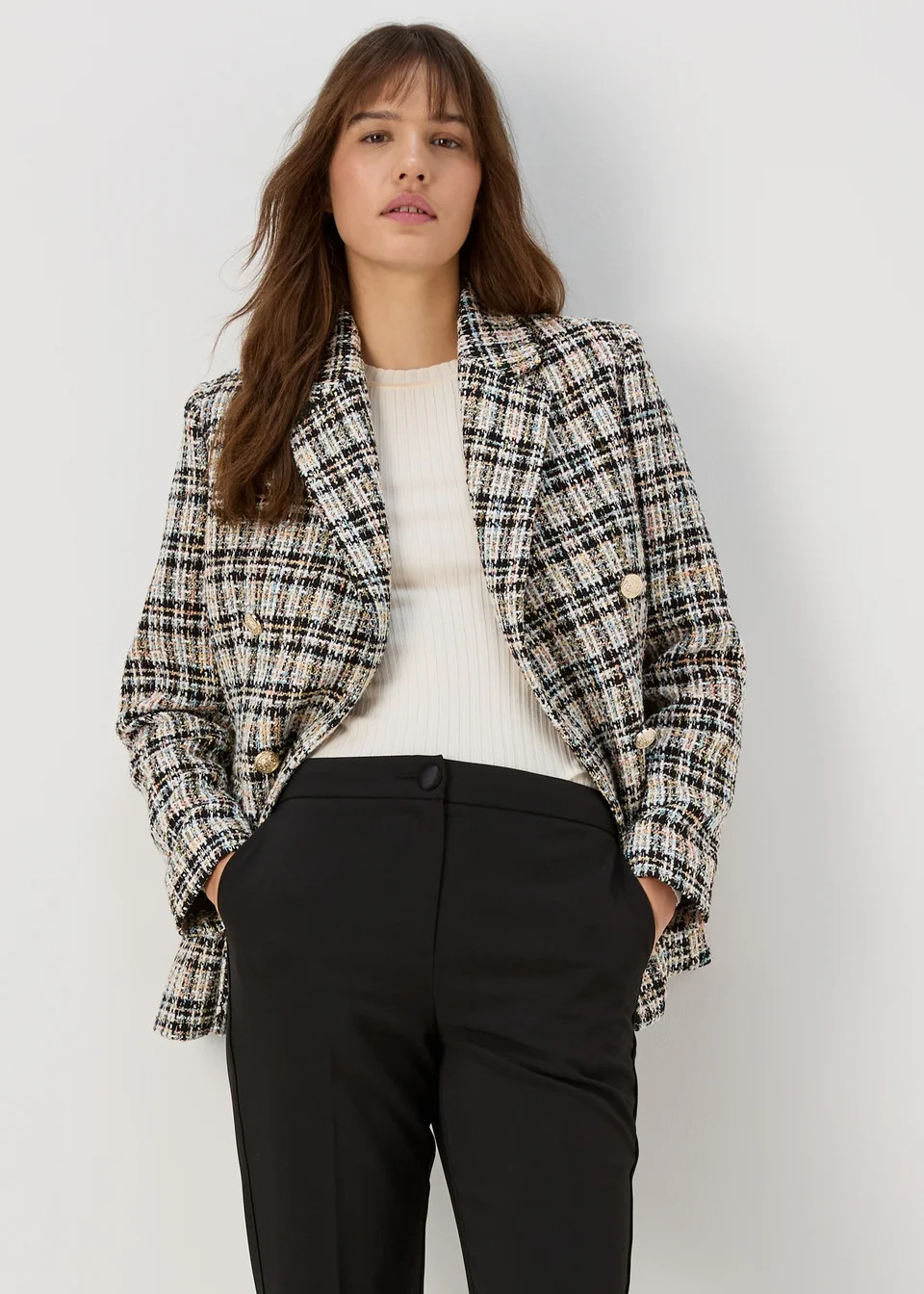 Et Vous Cream Check Boucle Blazer - Size 8 | Matalan (UK)