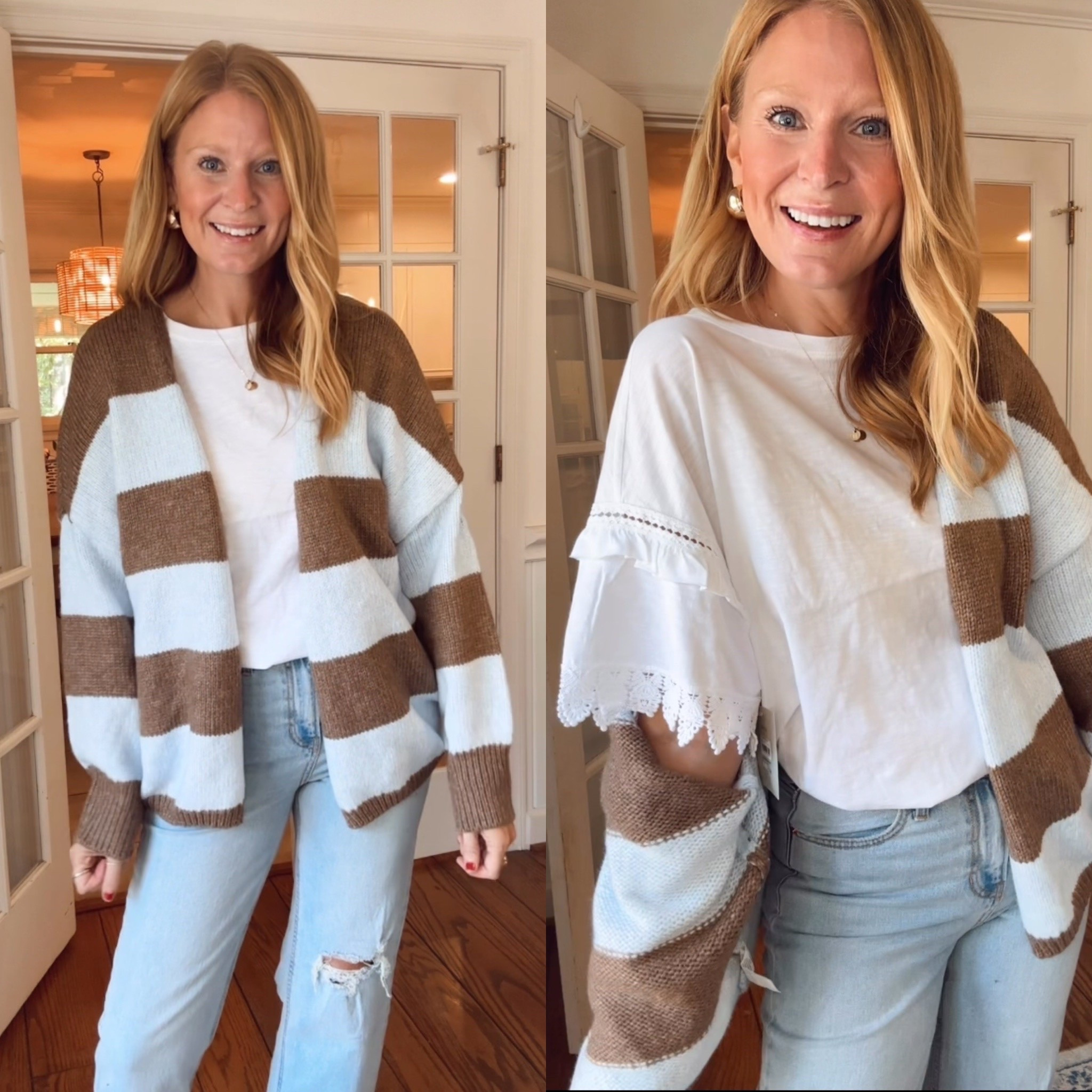 Walmart is absolutely nailing the fall sweaters and for crazy good prices! 
I sized up in a large in the cardigan but stayed in my normal M it the tshirt..