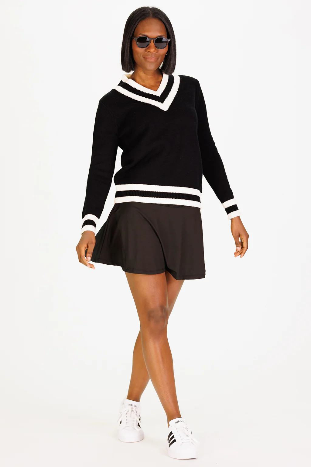Relaxed V-neck Varsity Sweater in Black and Ivory | Duffield Lane