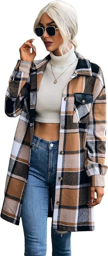 MakeMeChic Women's Plaid Shacket Jacket Casual Long Sleeve Button Down Longline Coat Outerwear | Amazon (US)