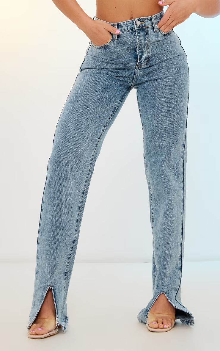 Light Blue Wash Front Split Long Leg Straight Jeans | PrettyLittleThing IE