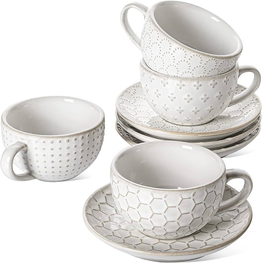 LE TAUCI 6 oz Cappuccino Cups with Saucers, House-warming Gift, Ceramic Embossment Coffee Cup for... | Amazon (US)