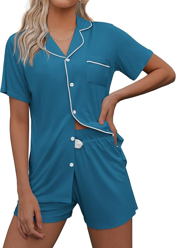 Ekouaer Pajamas Set for Women Short Sleeve Sleepwear Notch Collar Button Down Nightwear Soft Pjs ... | Amazon (US)