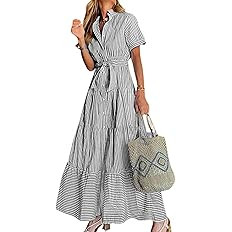 utcoco Womens Casual Short Sleeve Button Down Tie Waist Ruffled Striped Maxi Shirt Dress | Amazon (US)
