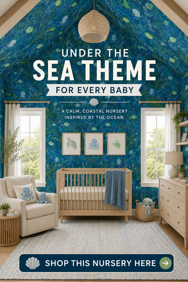 Create a dreamy under the sea nursery with coastal-inspired decor, ocean wallpaper, natural wood furniture, vaulted ceil