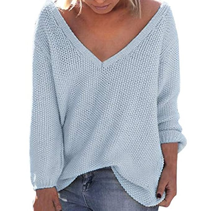 Sunhusing Women's Fall Winter Loose Long Sleeves Deep-V Neck Knitwear Sweater Pullover Blouse | Amazon (US)
