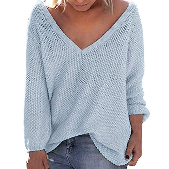 Sunhusing Women's Fall Winter Loose Long Sleeves Deep-V Neck Knitwear Sweater Pullover Blouse | Amazon (US)
