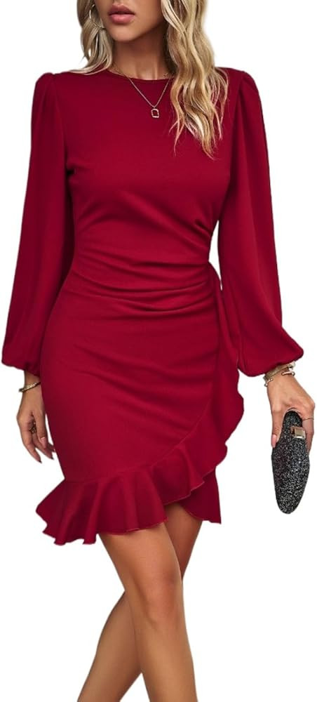Women Formal Elegant Mini Dress Long Lantern Sleeve Ruffle Hem Ruched Party Cocktail Wedding Gues... | Amazon (US)