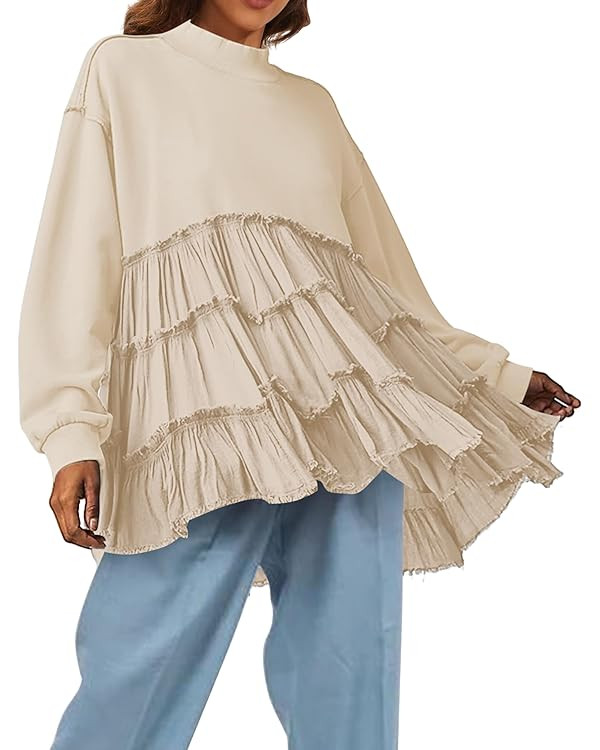 OLAPTA Women Patchwork Pleated Baggy Sweatshirt Colorblock Mock Neck Long Sleeve Drop Shoulder Pu... | Amazon (US)