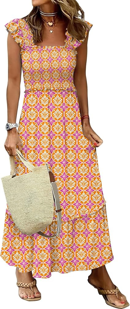 ANRABESS Womens Summer Sleeveless Maxi Dress Square Neck Smocked Boho Casual Ruffle Strap Flowy A... | Amazon (US)