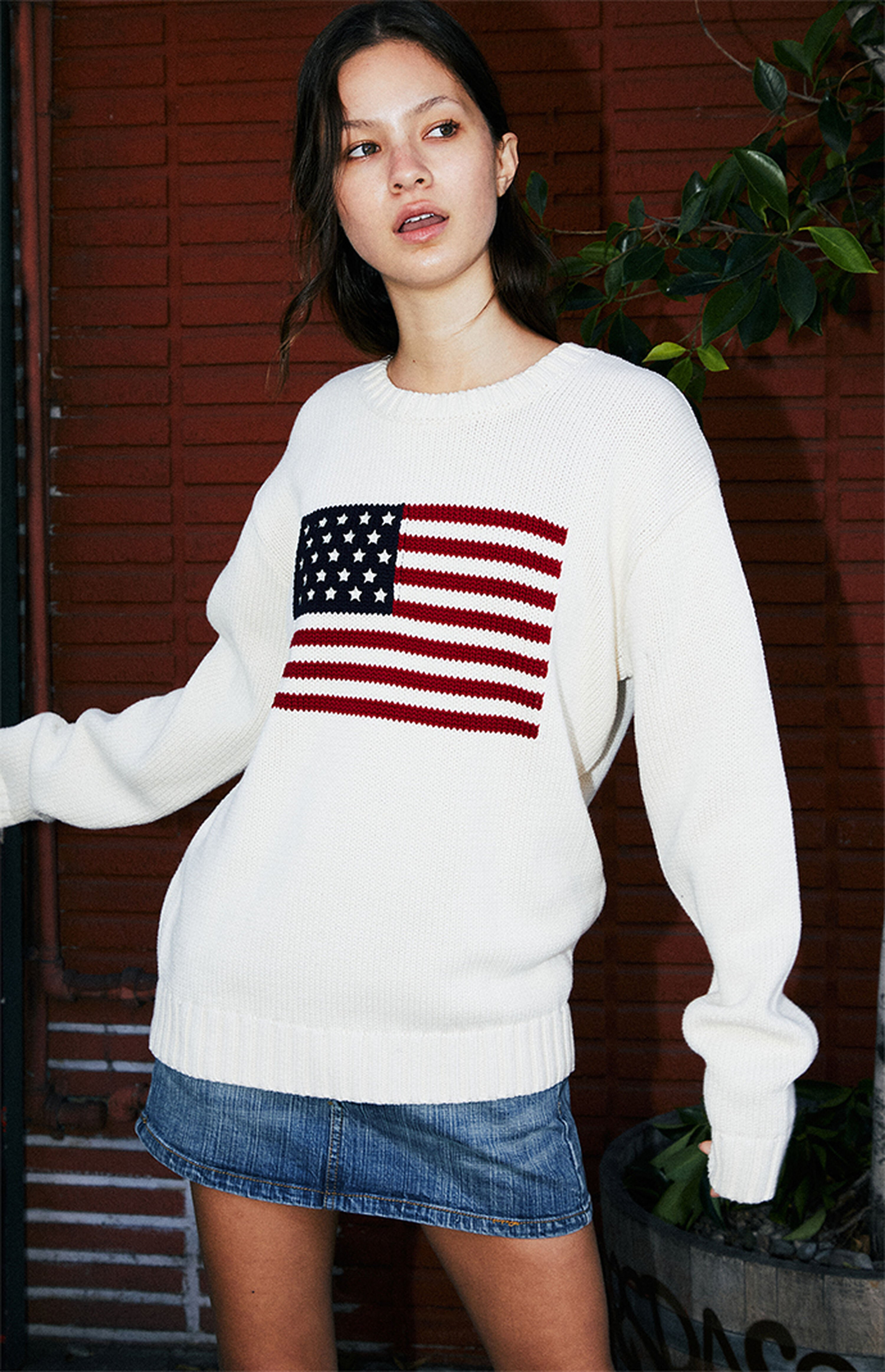 John Galt Cream Flag Crew Neck Sweater | PacSun
