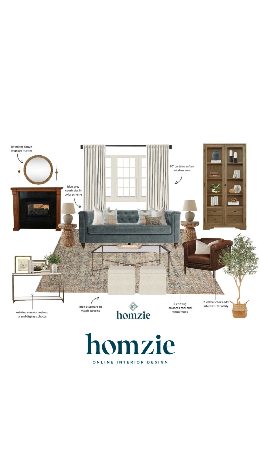 Moody living room design featuring a slate blue sofa, dark leather accent chair, floor tree, rug, curtains, glass coffee table, wall art, decor, etc.

#LTKHome #LTKFinds #LTKFavorites #HomeStyleDaily 

 #LTKHome