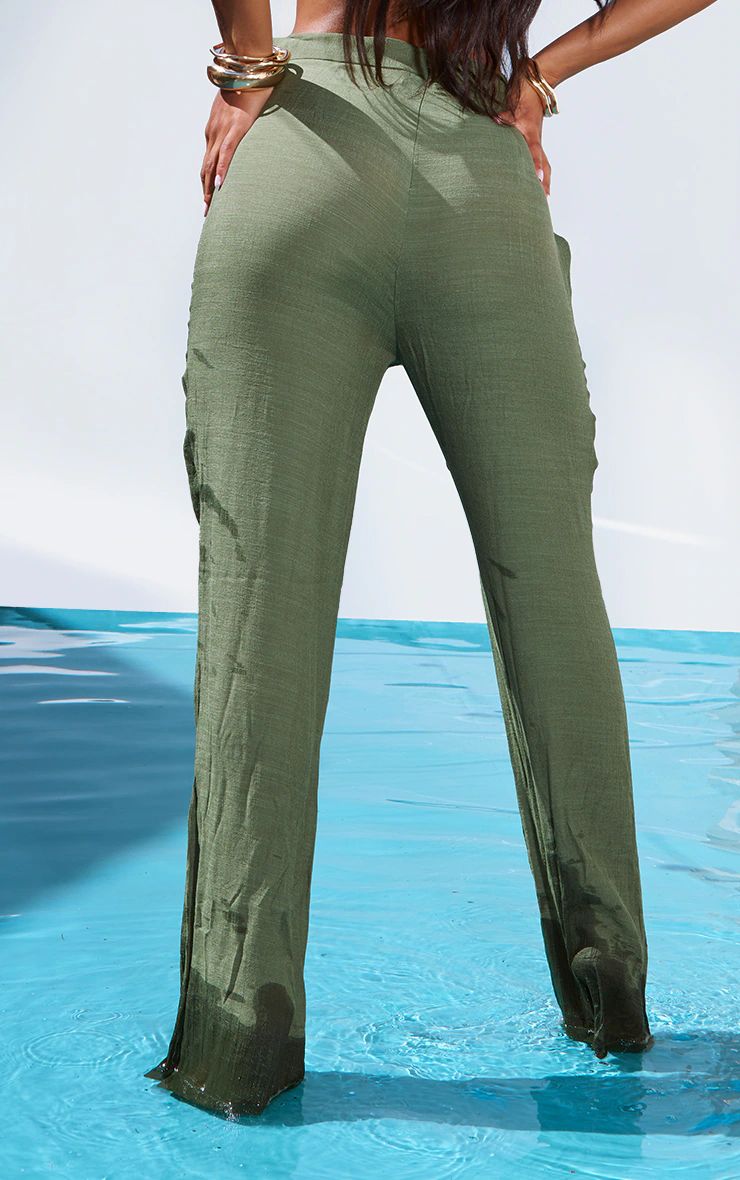 Khaki  Linen Look Beach Pants | PrettyLittleThing US