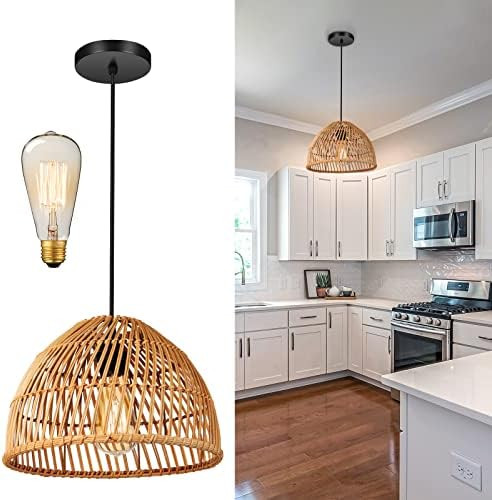 Pendant Light Hanging Lamp Fixture Rattan Wicker Hand-Woven Boho Rustic Chandeliers for Kitchen Isla | Amazon (US)